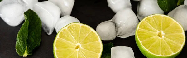 High angle view of melting ice cubes near sliced limes and milt leaf on black background, banner — Stock Photo