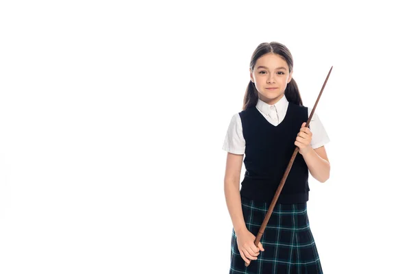 Smiling schoolkid holding pointer isolated on white — Stock Photo