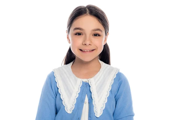 Portrait of positive schoolkid looking at camera isolated on white — Stock Photo