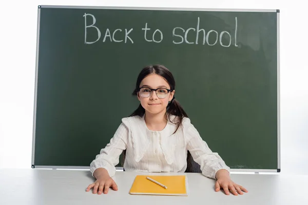 Lächelndes Schulmädchen blickt in die Kamera neben Notizbuch und Tafel mit Schulbuchstaben auf weißem Hintergrund — Stockfoto