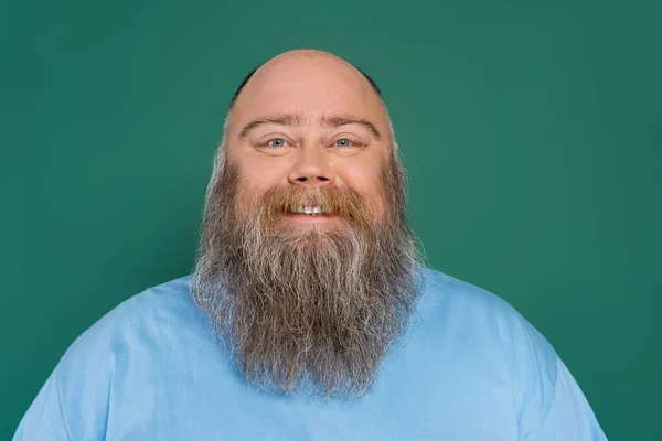 Gordito y calvo hombre con barba sonriendo a cámara aislada en verde - foto de stock