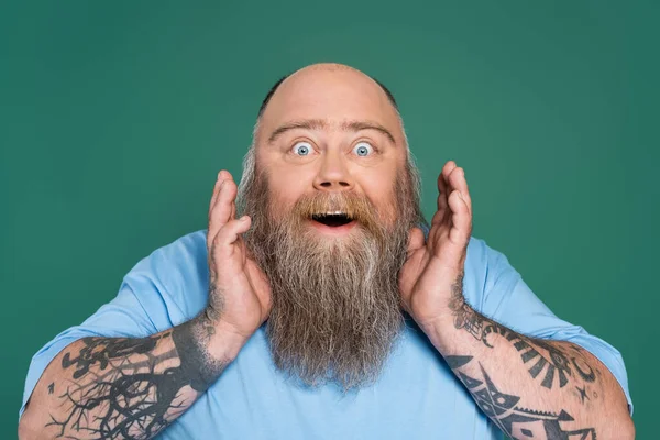 Asombrado hombre con sobrepeso barba y tatuajes tomados de la mano cerca de la cara aislado en verde - foto de stock
