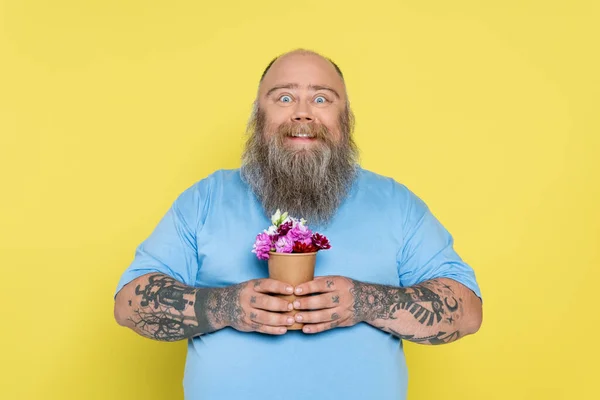Excited plus size man with tattoos holding paper cup with colorful flowers isolated on yellow — Stock Photo