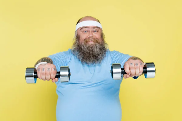 Gordito y barbudo hombre haciendo ejercicio con mancuernas y sonriendo a la cámara aislado en amarillo - foto de stock