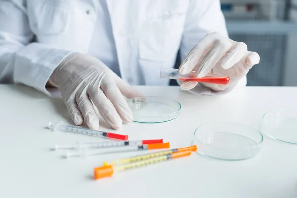 Vista recortada do cientista em luvas de látex segurando tubo de ensaio perto de placas de Petri e seringas em laboratório — Fotografia de Stock
