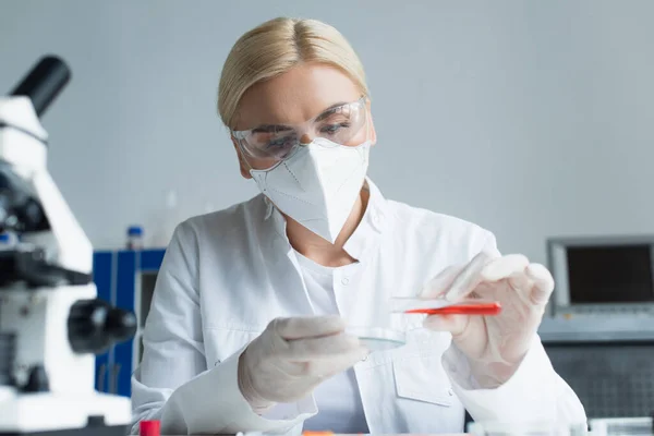 Wissenschaftler mit Brille und Latexhandschuhen halten Reagenzglas und Petrischale in der Nähe des verschwommenen Mikroskops im Labor — Stockfoto