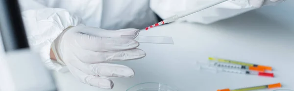 Cropped view of scientist working with glass and pipette in lab, banner - foto de stock