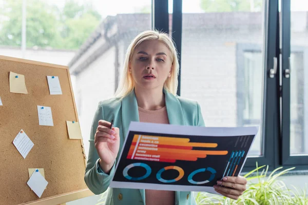 Psychologist holding paper with charts near board in consultation room — Stock Photo