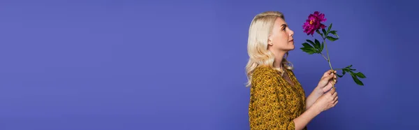 Side view of blonde woman in blouse holding purple flower with green leaves isolated on violet, banner — Fotografia de Stock