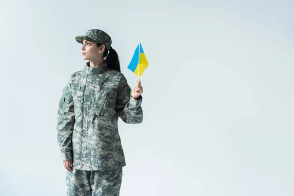 Soldier in uniform and cap holding ukrainian flag and looking away isolated on grey — Stockfoto