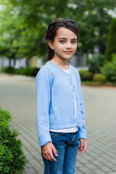 Smiling brunette girl in blue jumper looking at camera on blurred street - foto de stock