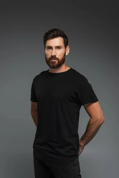 Portrait of good-looking man in black t-shirt looking at camera isolated on grey — Foto stock