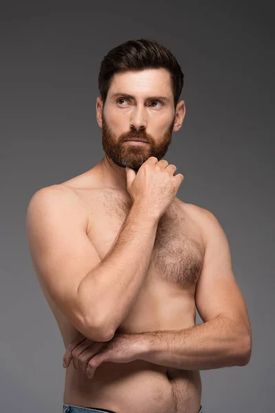 Shirtless and thoughtful man touching beard isolated on grey — Photo de stock