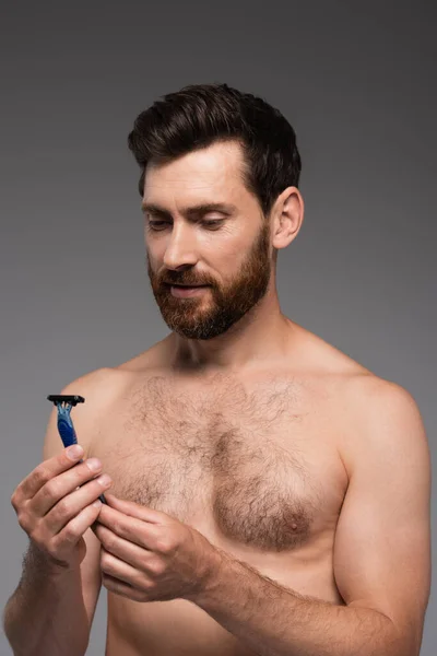 Portrait of shirtless man with beard looking at safety razor isolated on grey - foto de stock