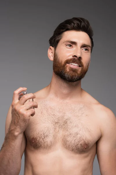 Happy and shirtless man holding bottle and spraying perfume isolated on grey — Foto stock