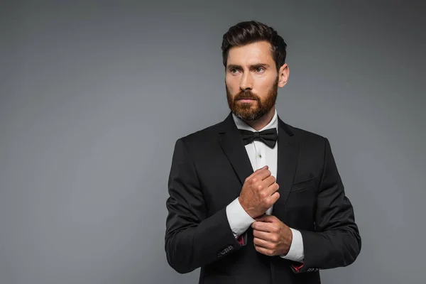 Bearded man in black tuxedo with bow tie adjusting sleeve on white shirt isolated on grey — Stock Photo