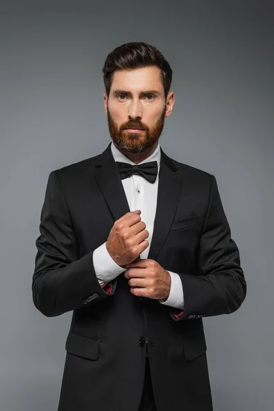 Bearded man in black tuxedo with bow tie adjusting sleeve on shirt isolated on grey — Fotografia de Stock