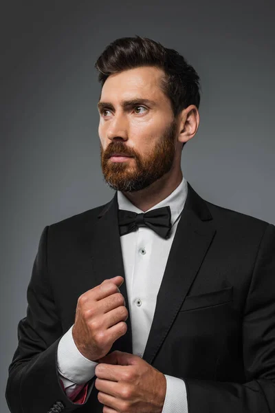 Bearded man in elegant tuxedo with bow tie adjusting sleeve on shirt isolated on grey — Stock Photo