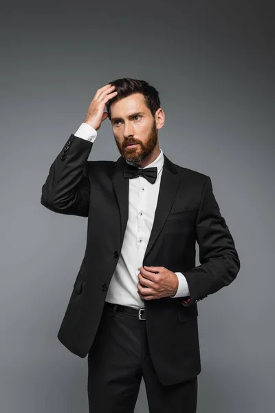 Bearded man in black tuxedo with bow tie adjusting hair isolated on grey — Fotografia de Stock
