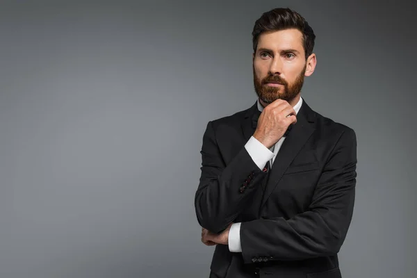 Pensive man with beard standing in elegant suit with bow tie looking away isolated on grey - foto de stock
