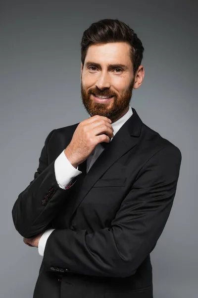 Portrait of cheerful and bearded man in elegant tuxedo with bow tie isolated on grey - foto de stock