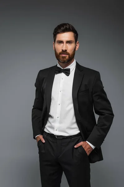 Bearded man in elegant tuxedo with bow tie posing with hands in pockets isolated on grey — Stock Photo