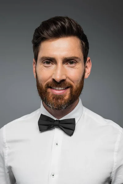 Portrait of bearded man in white shirt with bow tie smiling isolated on grey — Stockfoto