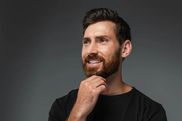 Portrait of cheerful man touching beard and looking away isolated on grey — Foto stock