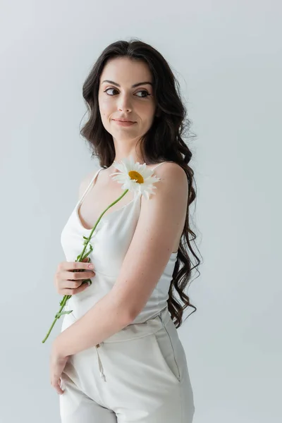 Young woman holding chamomile and looking away isolated on grey — Foto stock