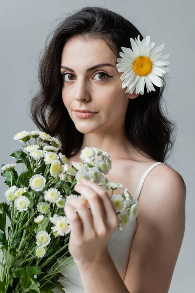 Portrait of young woman holding chamomiles isolated on grey — Stockfoto