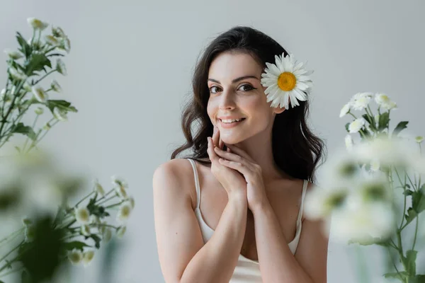 Pretty brunette woman with flower in hair smiling at camera near blurred flowers isolated on grey — Stockfoto