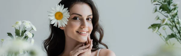Young woman with makeups and chamomile in hair smiling at camera near blurred flowers isolated on grey, banner — Fotografia de Stock