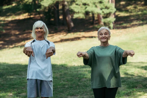 Cheerful senior couple in sportswear exercising with outstretched hands together in park — Fotografia de Stock