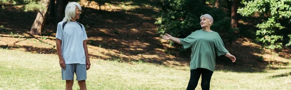 Happy senior woman pointing with hand at husband with grey hair in park, banner — Fotografia de Stock