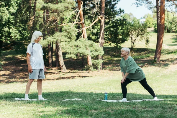 Пенсионер в полный рост смотрит на жену, делающую зарядку на фитнес-коврике в парке — стоковое фото