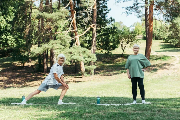 Full length of senior man with grey hair smiling and doing lunges on fitness mat near wife in park — Stockfoto