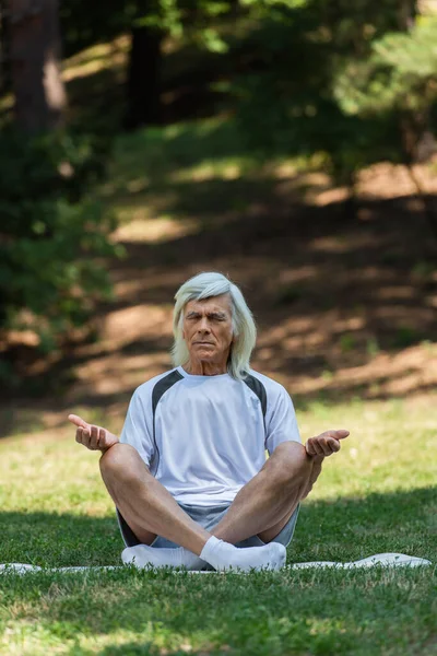 Full length of senior man sitting in yoga pose and meditating on fitness mat in green park — Stockfoto