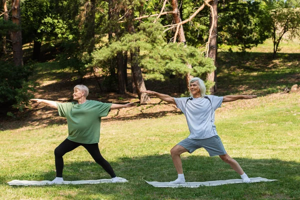 Full length of happy senior couple in sportswear exercising on fitness mats in green park — Stockfoto