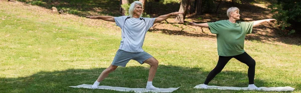 Полная длина пожилой пары в спортивной одежде на фитнес-ковриках в зеленом парке, баннер — стоковое фото