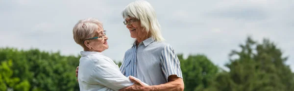 Happy senior husband and wife with grey hair hugging in summer, banner — Stock Photo