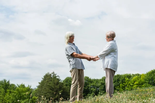 Cheerful senior husband and wife with grey hair holding hands on green hill in summer — Stock Photo