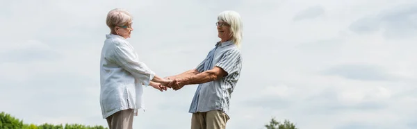 Веселые старший муж и жена с седыми волосами, держась за руки летом, баннер — стоковое фото