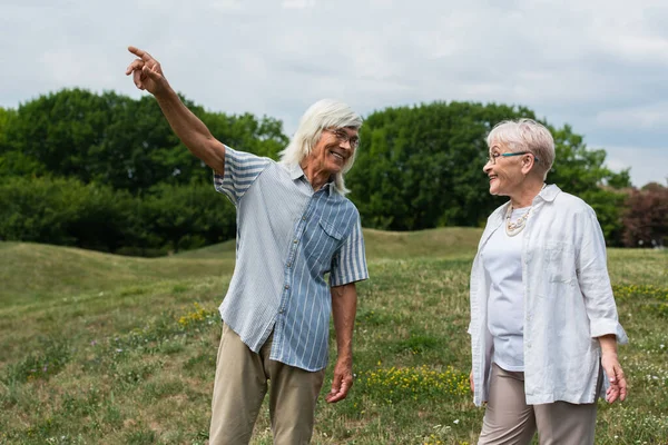 Happy senior man in glasses pointing away near wife with grey hair standing on green hill — Photo de stock