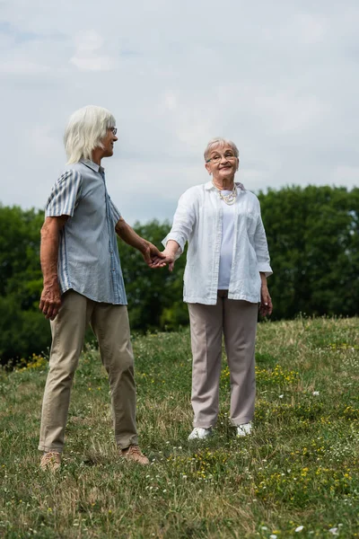 Full length of happy senior couple in glasses holding hands and standing on green hill in summer — Photo de stock