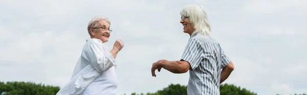 Happy retired couple in glasses smiling and dancing outside, banner — Photo de stock