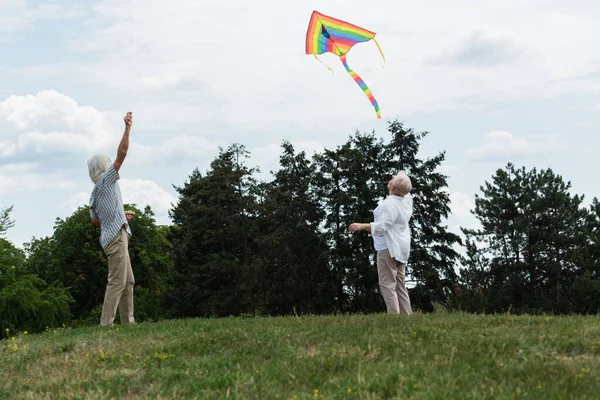 Retired couple with grey hair looking at flying kite while standing on green hill — Photo de stock