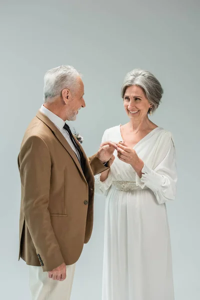 Cheerful mature bride in white dress wearing golden engagement ring on finger of middle aged groom isolated on grey - foto de stock