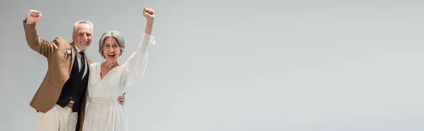 Excited and mature newlyweds looking at camera and rejoicing isolated on grey, banner — Foto stock