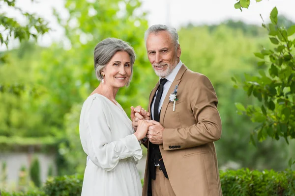 Щасливий наречений середнього віку в костюмі тримає руки зі зрілою нареченою в білій сукні в саду — стокове фото