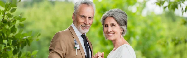Щасливий наречений середнього віку в костюмі тримає руки зі зрілою нареченою в саду, банер — стокове фото